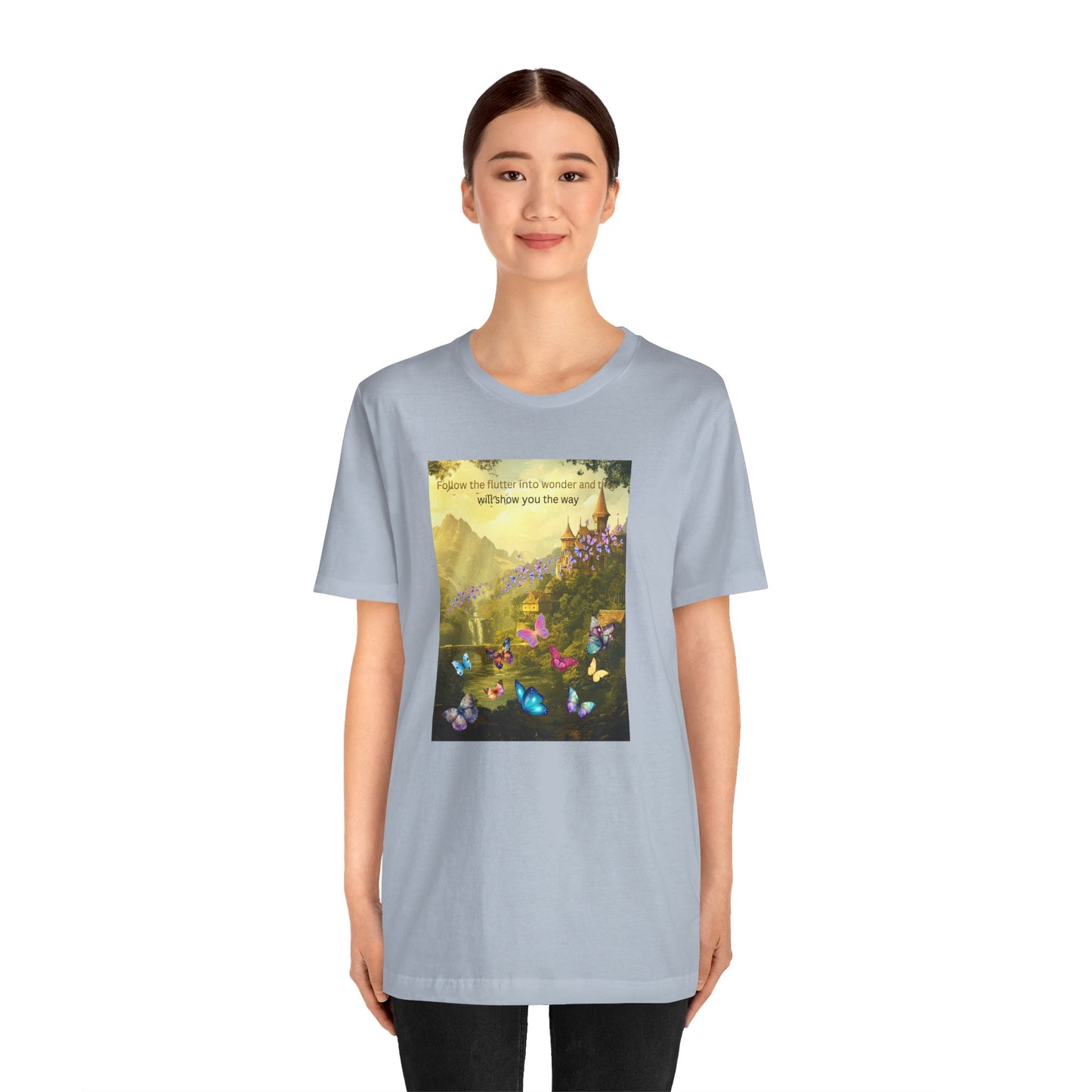 Inspirational Butterfly Landscape Tee — "Follow the Flower..." Nature Graphic T‑Shirt
