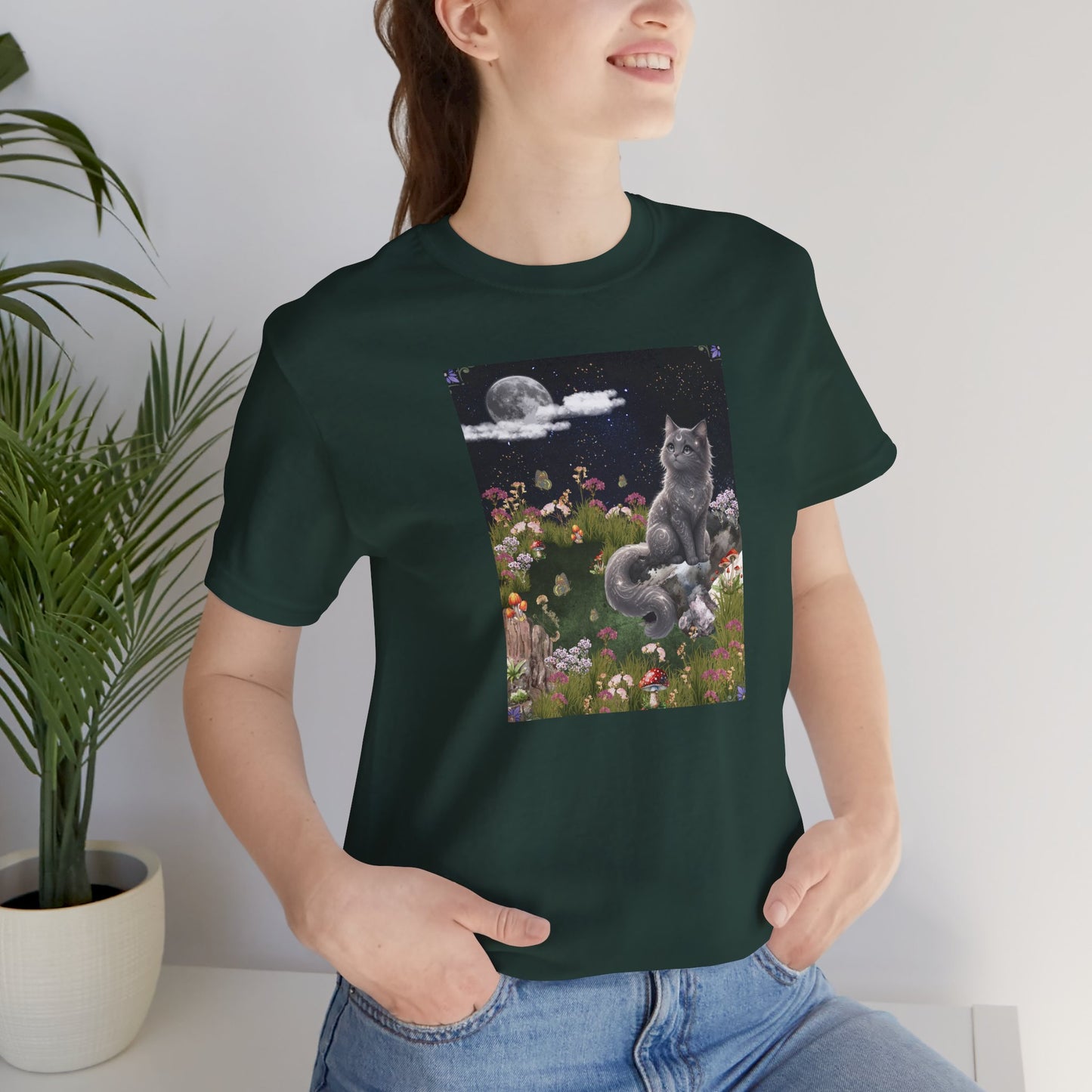 Moonlit Cat Garden T-Shirt — Midnight Moon & Floral Kitty Tee
