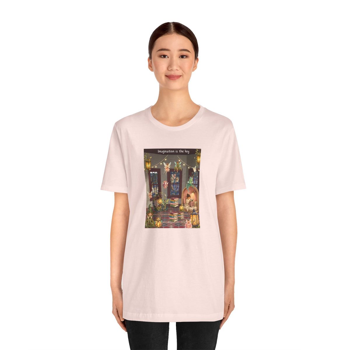 T-Shirt — Cozy Nighttime Reading Scene "Imagination is the Key"