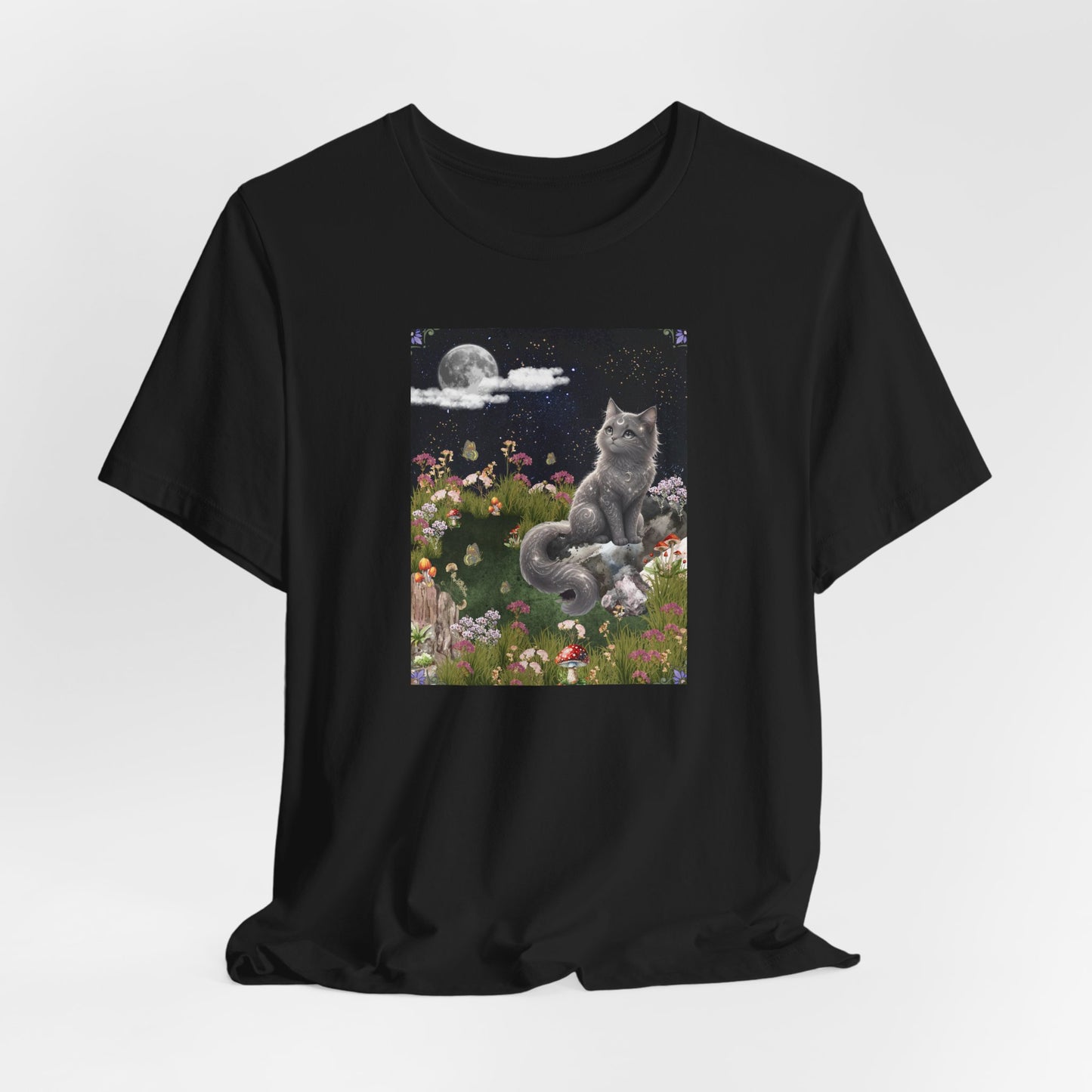 Moonlit Cat Garden T-Shirt — Midnight Moon & Floral Kitty Tee