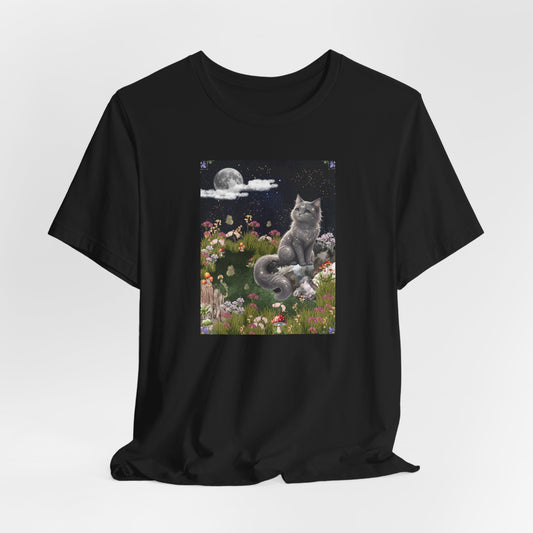 Moonlit Cat Garden T-Shirt — Midnight Moon & Floral Kitty Tee