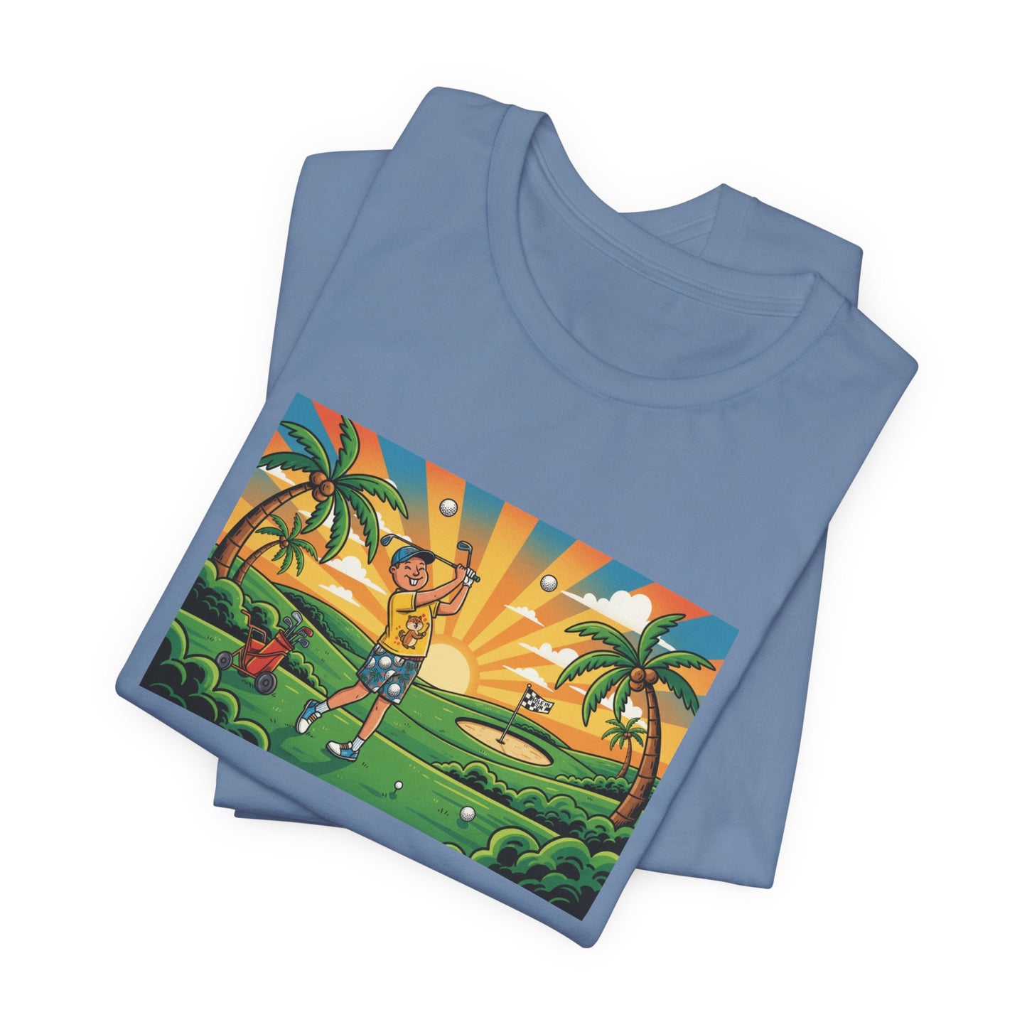 Sunset Golfer Graphic Tee — Tropical Golf Cartoon T-Shirt