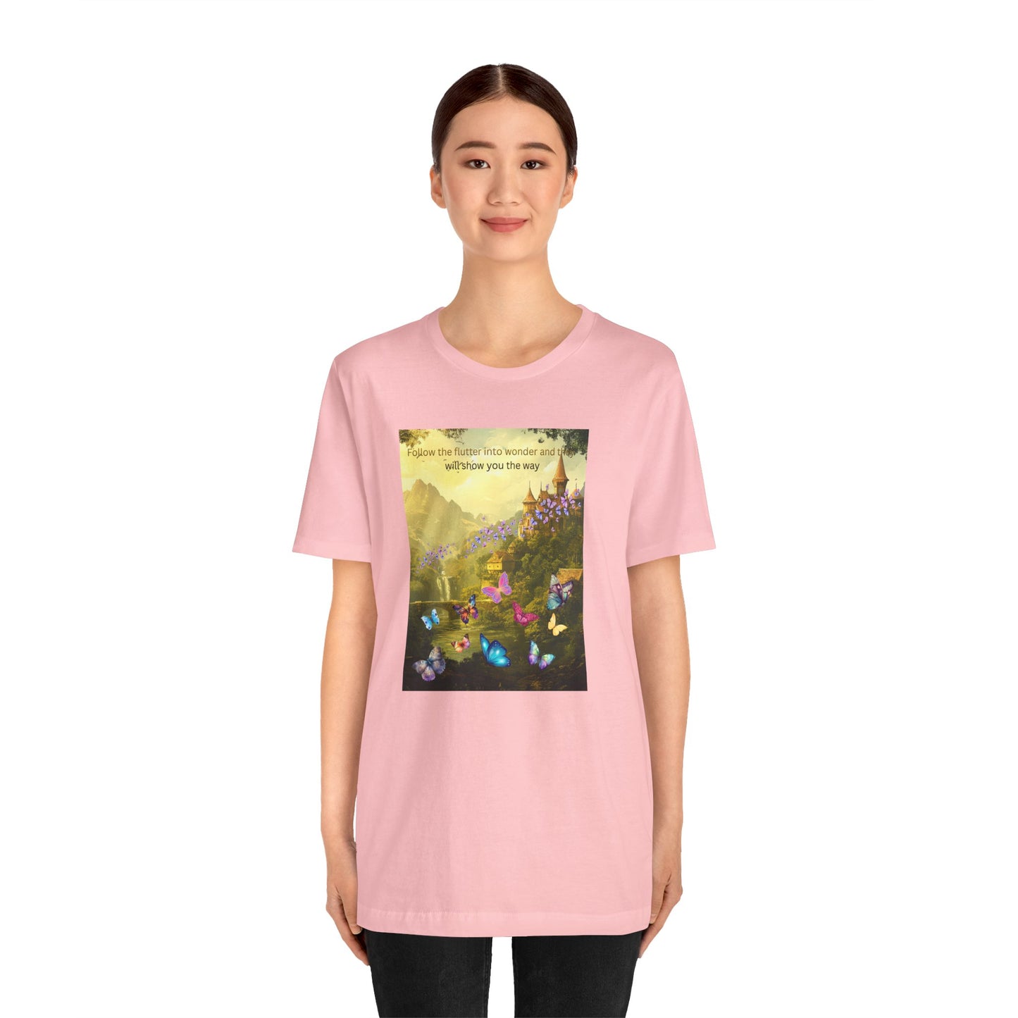 Inspirational Butterfly Landscape Tee — "Follow the Flower..." Nature Graphic T‑Shirt