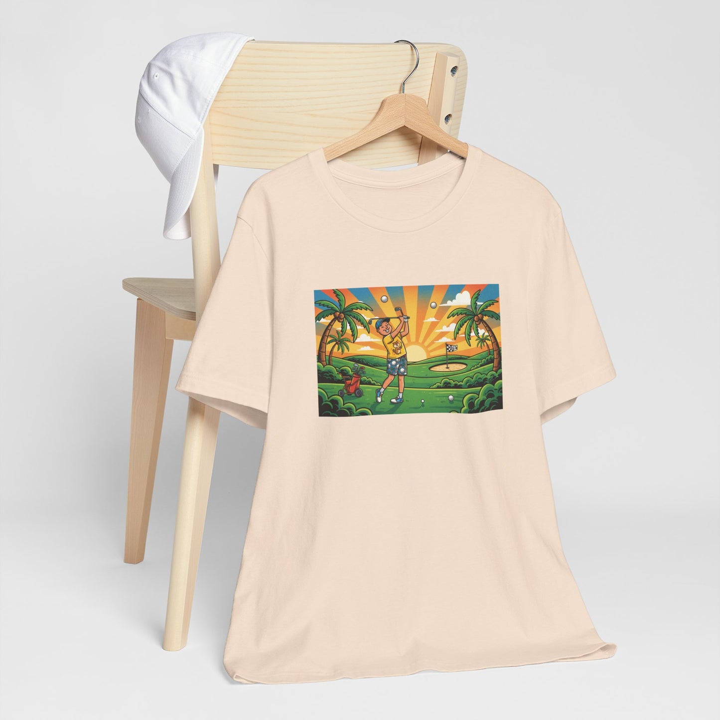 Sunset Golfer Graphic Tee — Tropical Golf Cartoon T-Shirt