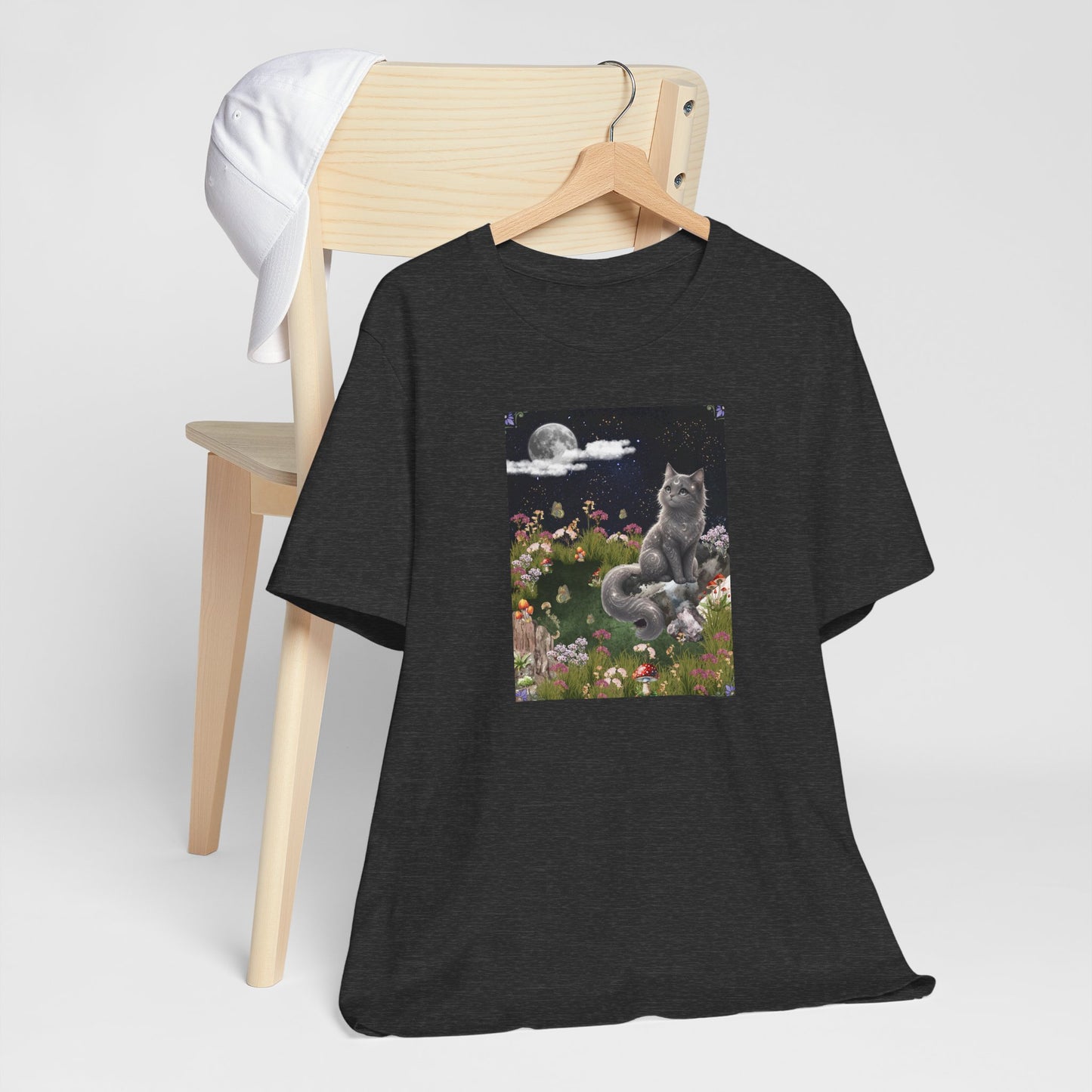 Moonlit Cat Garden T-Shirt — Midnight Moon & Floral Kitty Tee