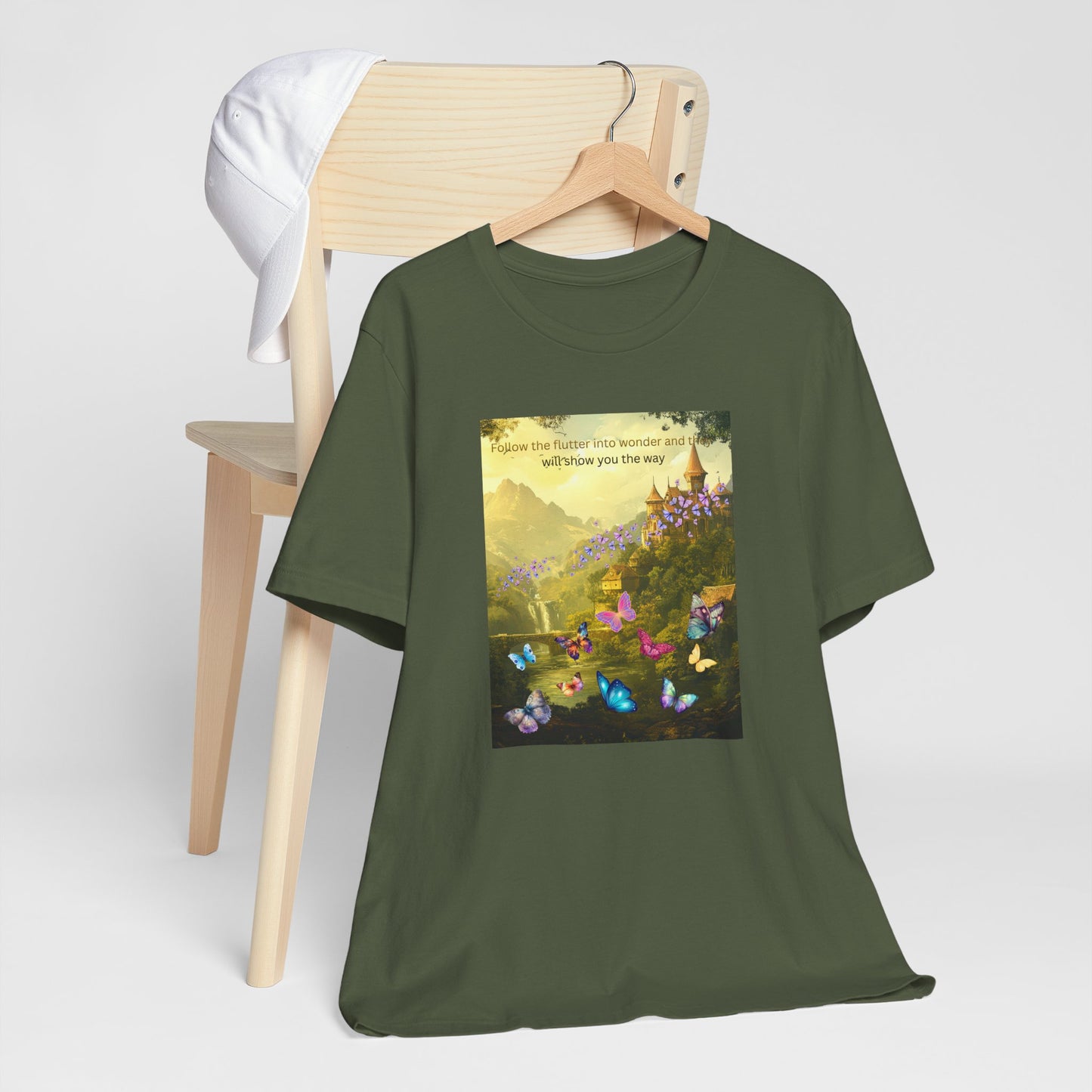 Inspirational Butterfly Landscape Tee — "Follow the Flower..." Nature Graphic T‑Shirt