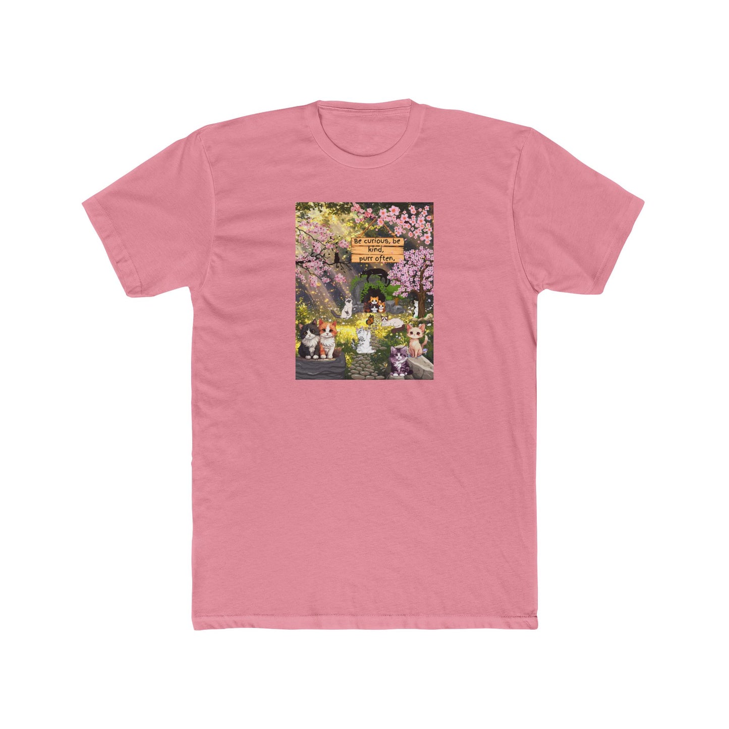 Cute Spring Garden Graphic Tee - "Welcome to Our Garden" Cartoon Cat & Cherry Blossoms