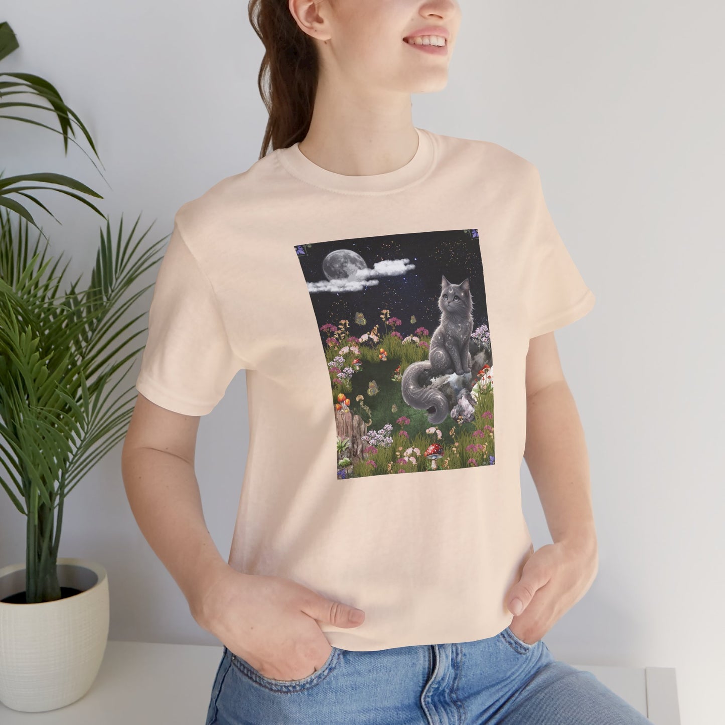Moonlit Cat Garden T-Shirt — Midnight Moon & Floral Kitty Tee
