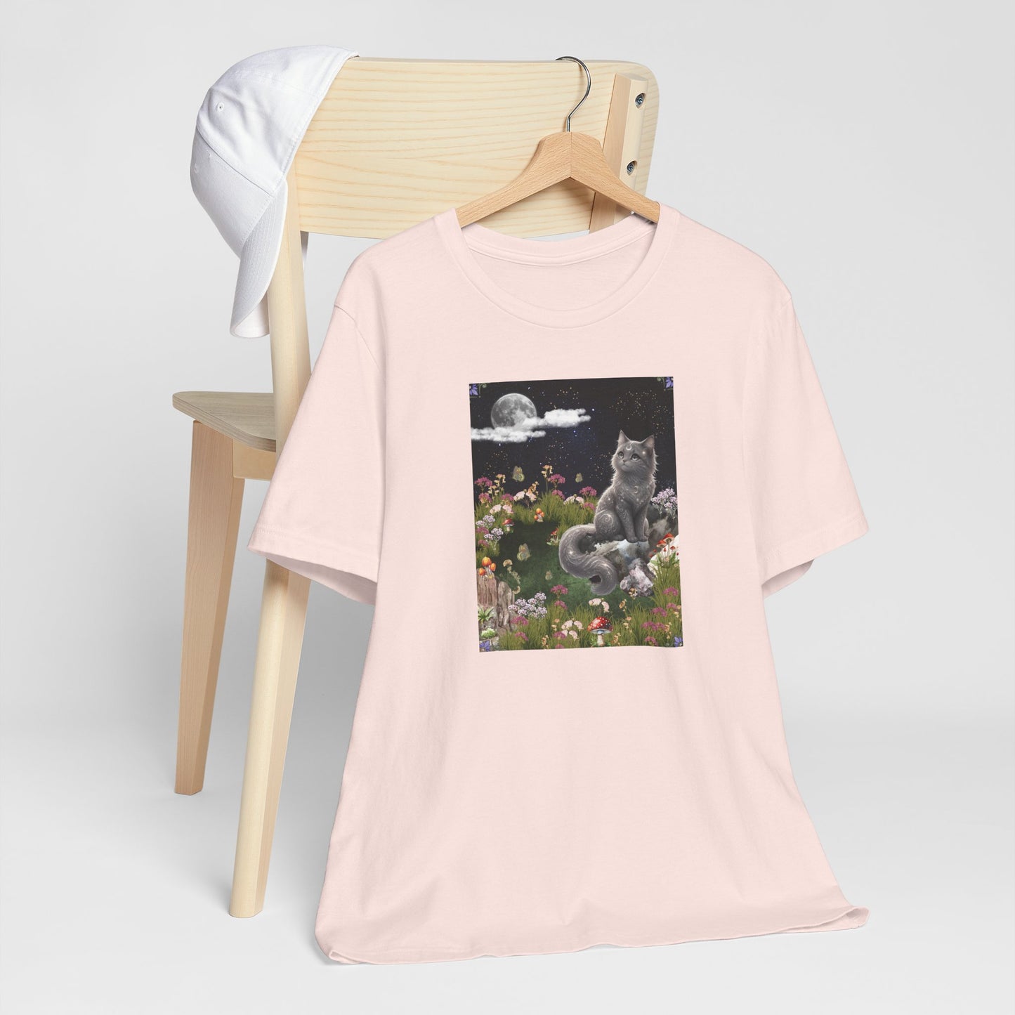 Moonlit Cat Garden T-Shirt — Midnight Moon & Floral Kitty Tee