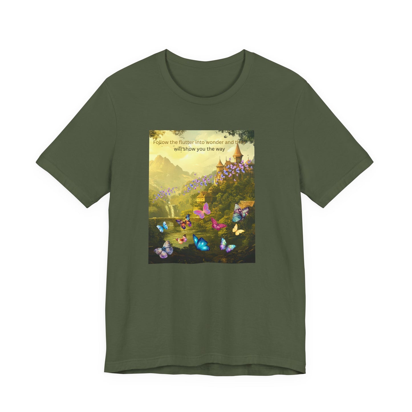 Inspirational Butterfly Landscape Tee — "Follow the Flower..." Nature Graphic T‑Shirt