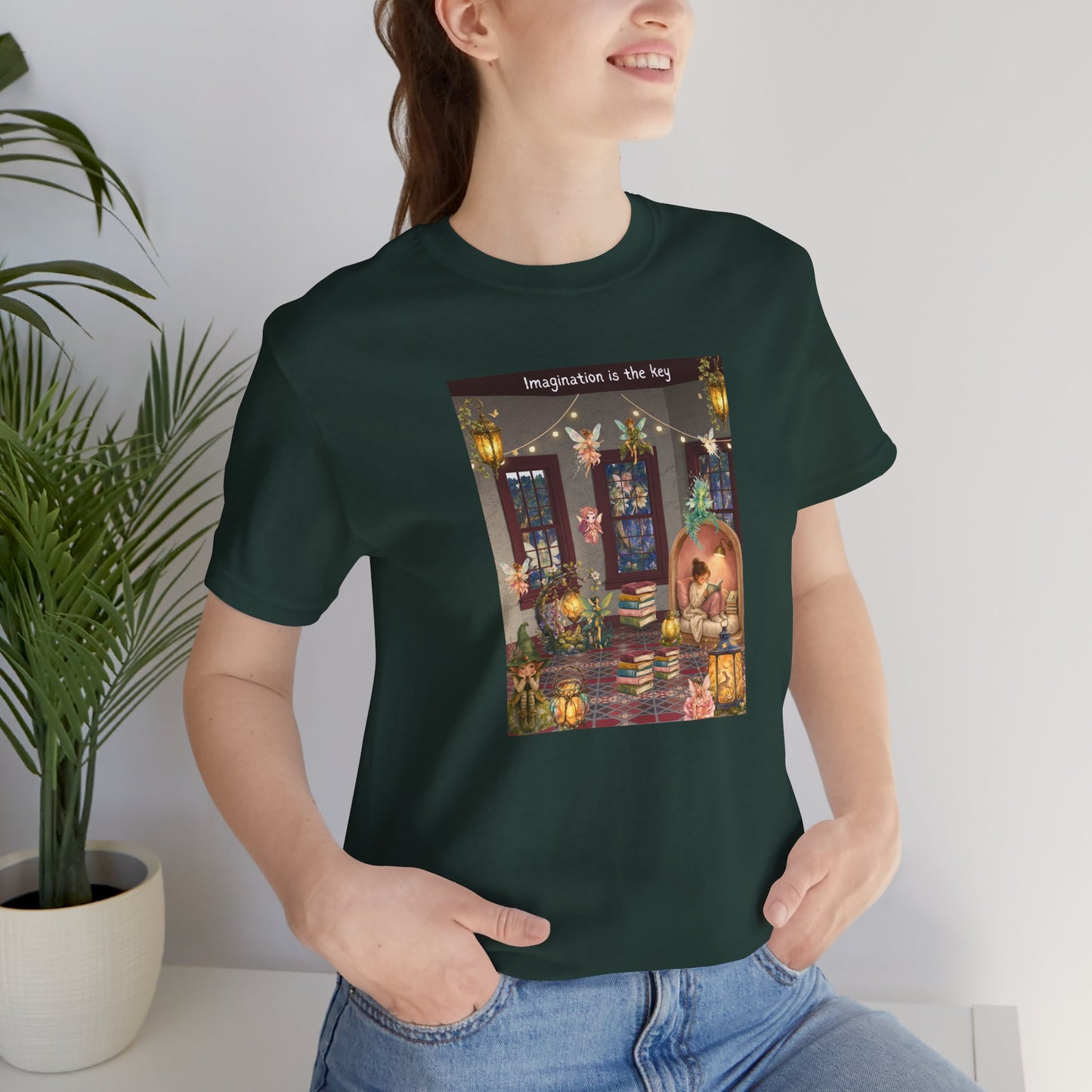 T-Shirt — Cozy Nighttime Reading Scene "Imagination is the Key"