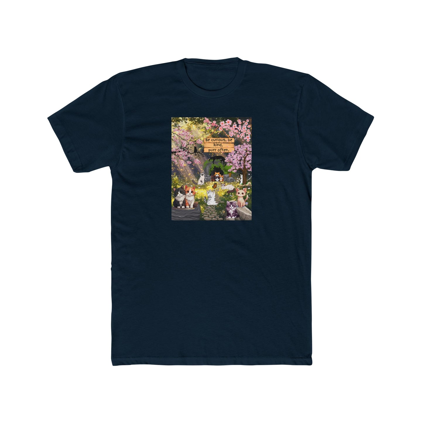 Cute Spring Garden Graphic Tee - "Welcome to Our Garden" Cartoon Cat & Cherry Blossoms