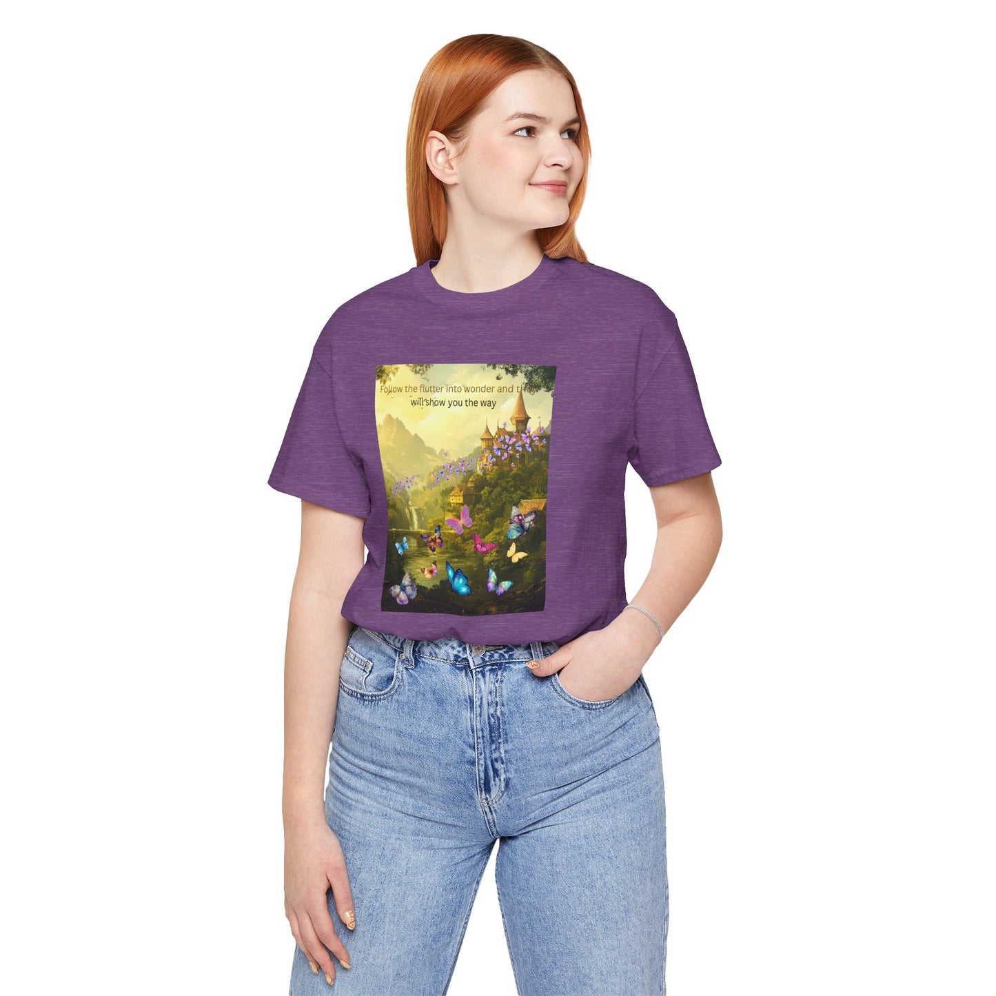Inspirational Butterfly Landscape Tee — "Follow the Flower..." Nature Graphic T‑Shirt