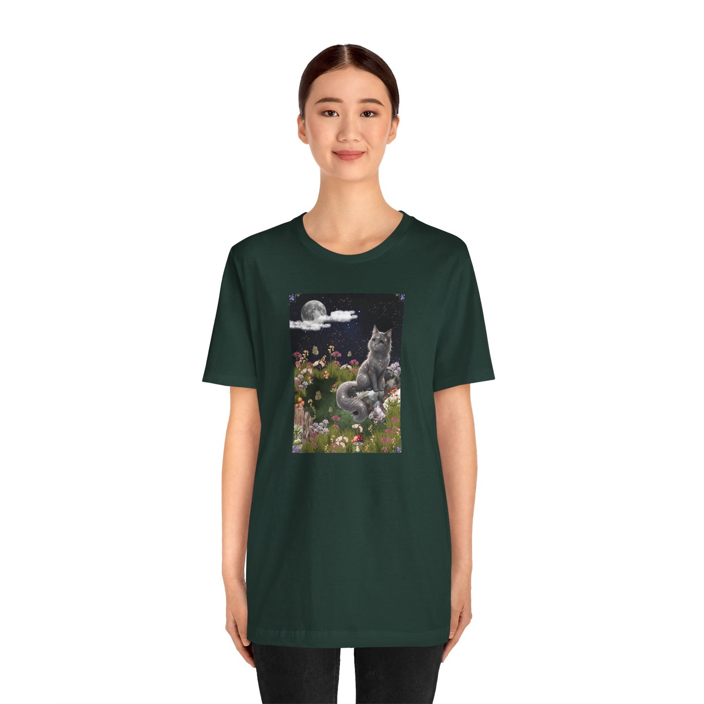 Moonlit Cat Garden T-Shirt — Midnight Moon & Floral Kitty Tee