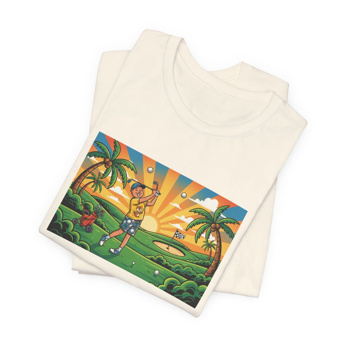 Sunset Golfer Graphic Tee — Tropical Golf Cartoon T-Shirt
