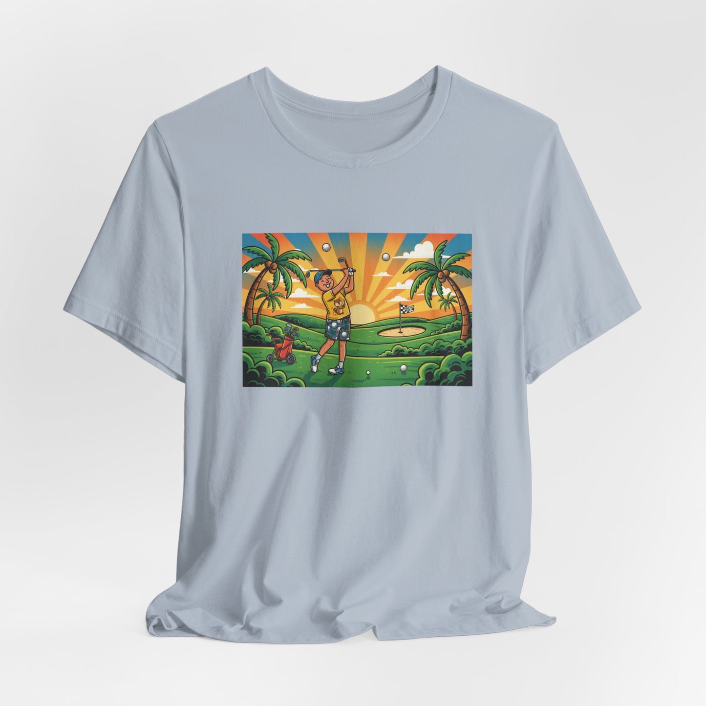 Sunset Golfer Graphic Tee — Tropical Golf Cartoon T-Shirt