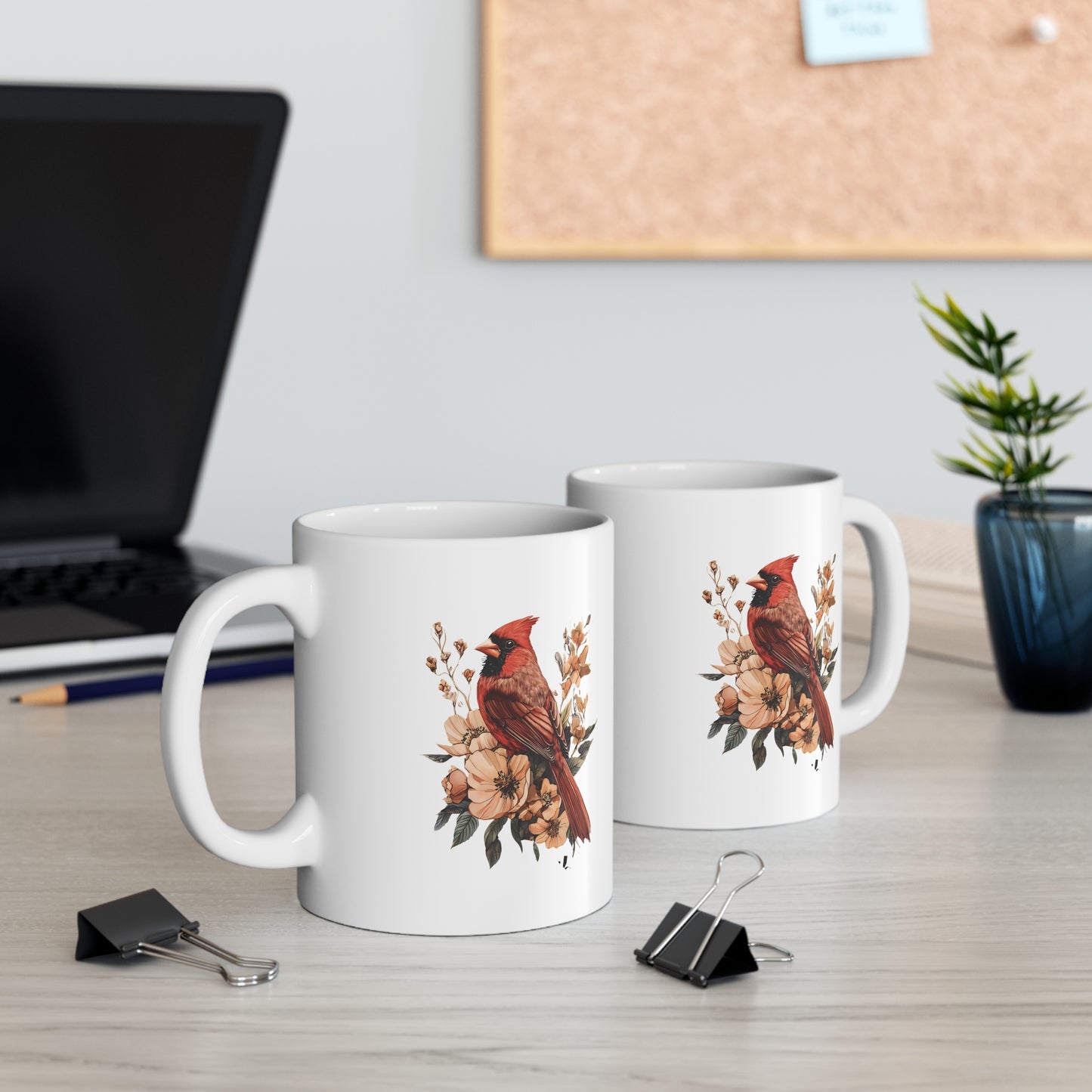 Cardinal Floral Mug — Botanical Red Bird Coffee Cup (11oz)