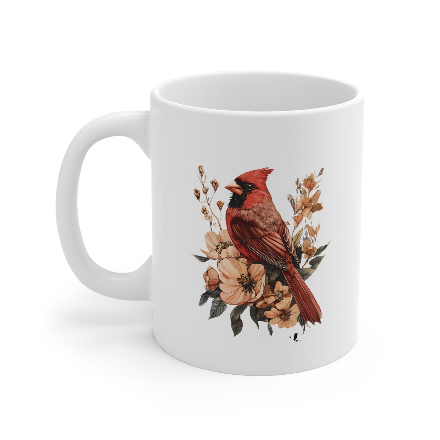 Cardinal Floral Mug — Botanical Red Bird Coffee Cup (11oz)