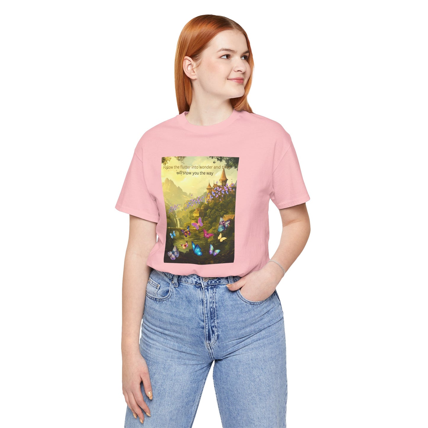 Inspirational Butterfly Landscape Tee — "Follow the Flower..." Nature Graphic T‑Shirt