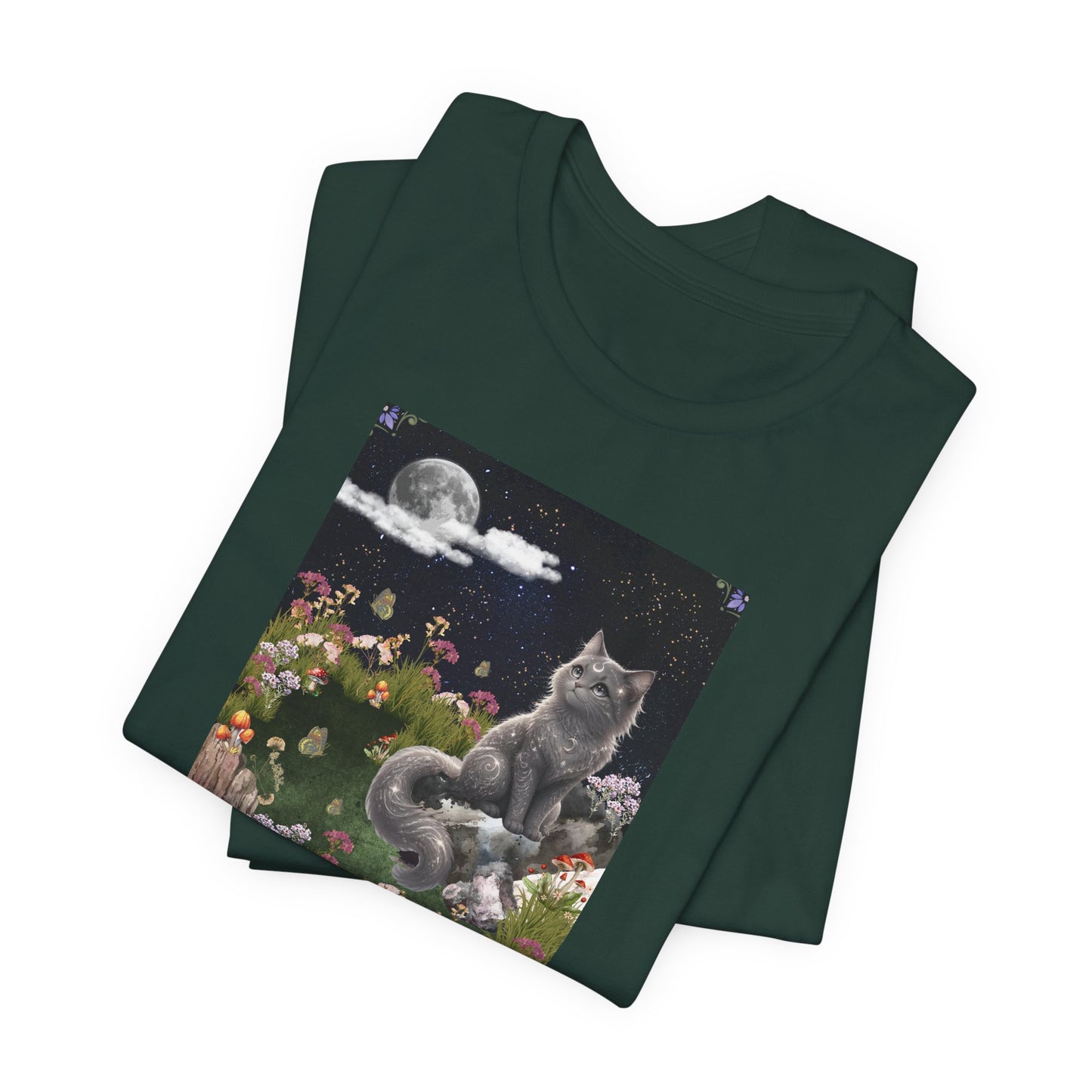 Moonlit Cat Garden T-Shirt — Midnight Moon & Floral Kitty Tee