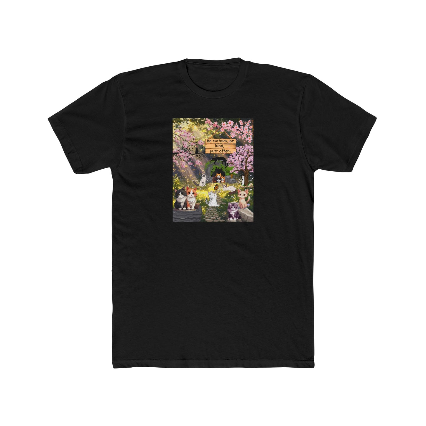 Cute Spring Garden Graphic Tee - "Welcome to Our Garden" Cartoon Cat & Cherry Blossoms
