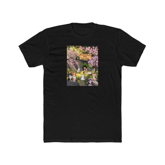 Cute Spring Garden Graphic Tee - "Be curious, be kind, purr often" Cartoon Cat & Cherry Blossoms