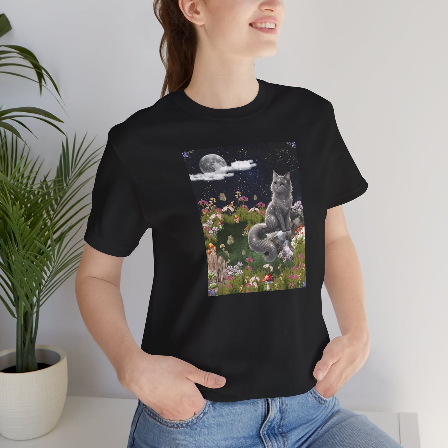 Moonlit Cat Garden T-Shirt — Midnight Moon & Floral Kitty Tee