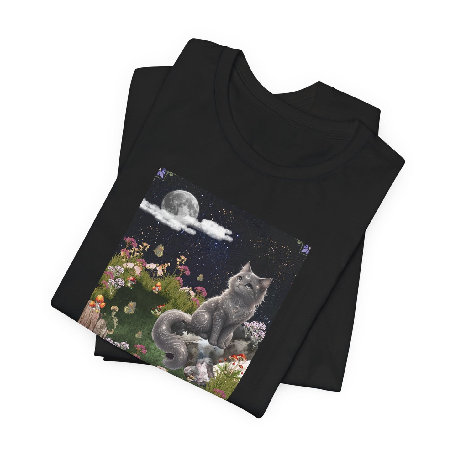 Moonlit Cat Garden T-Shirt — Midnight Moon & Floral Kitty Tee