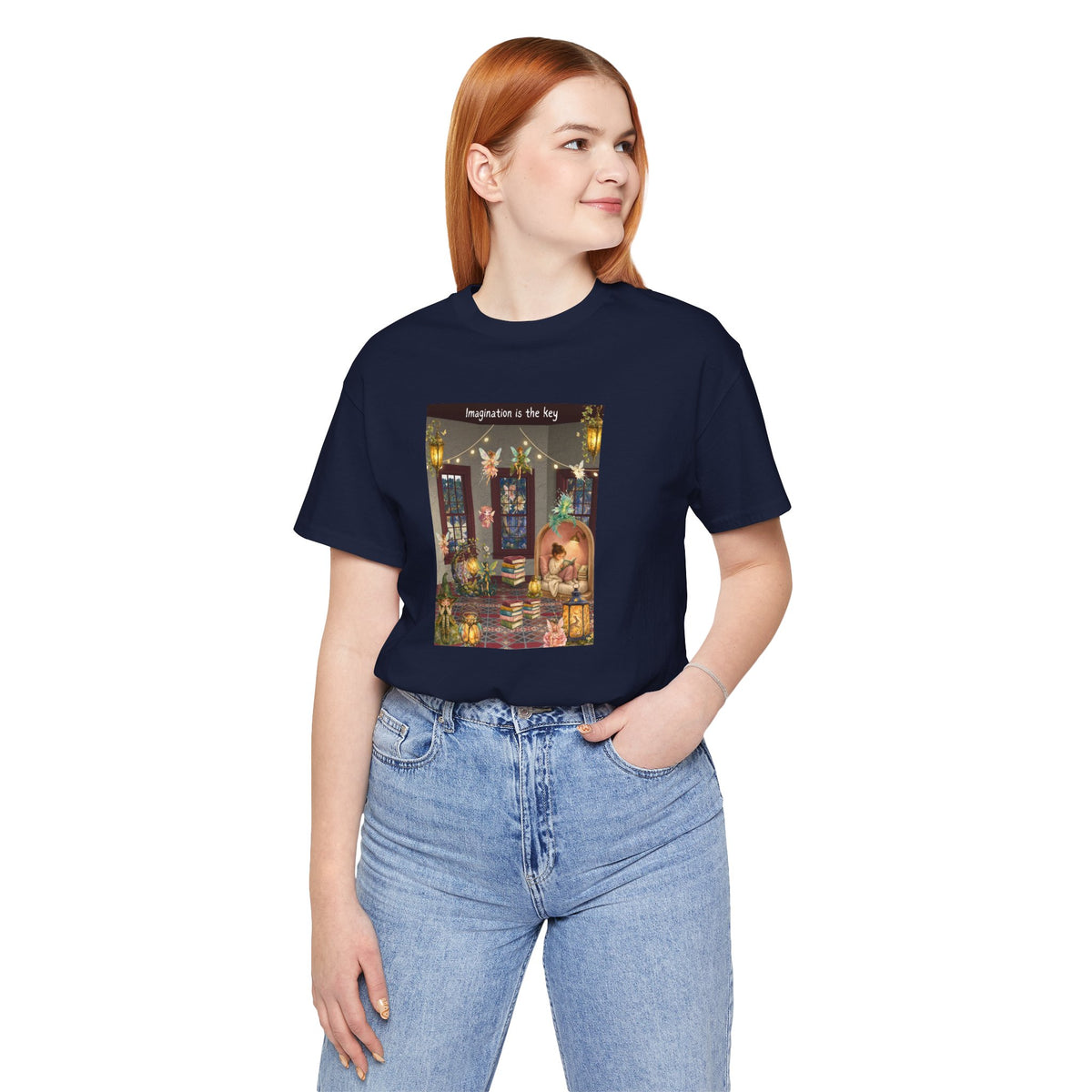 T-Shirt — Cozy Nighttime Reading Scene "Imagination is the Key"