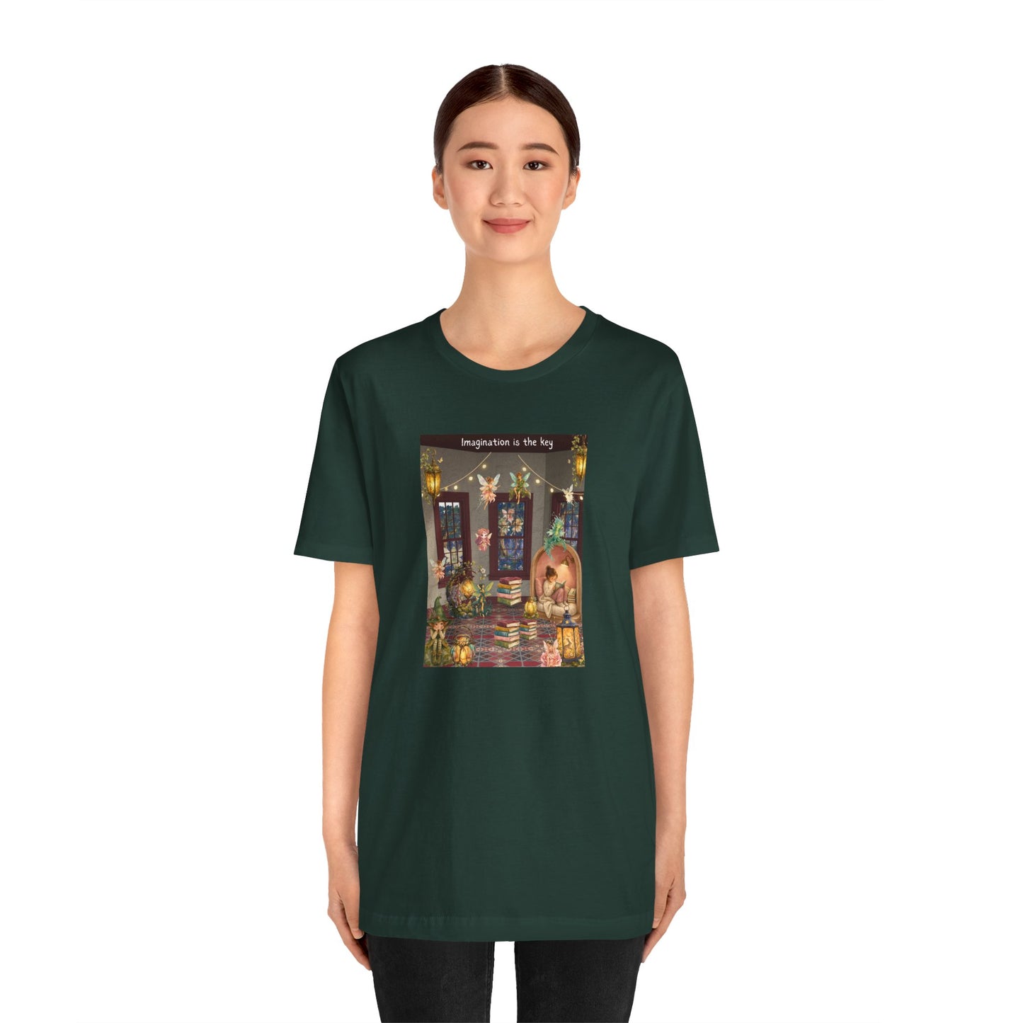 T-Shirt — Cozy Nighttime Reading Scene "Imagination is the Key"