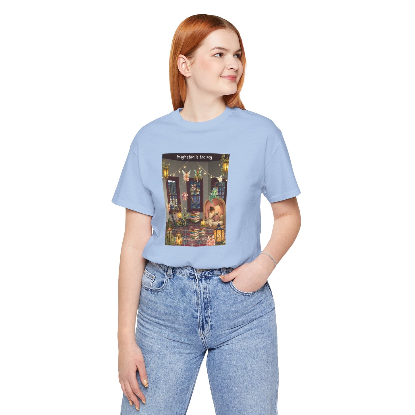 T-Shirt — Cozy Nighttime Reading Scene "Imagination is the Key"