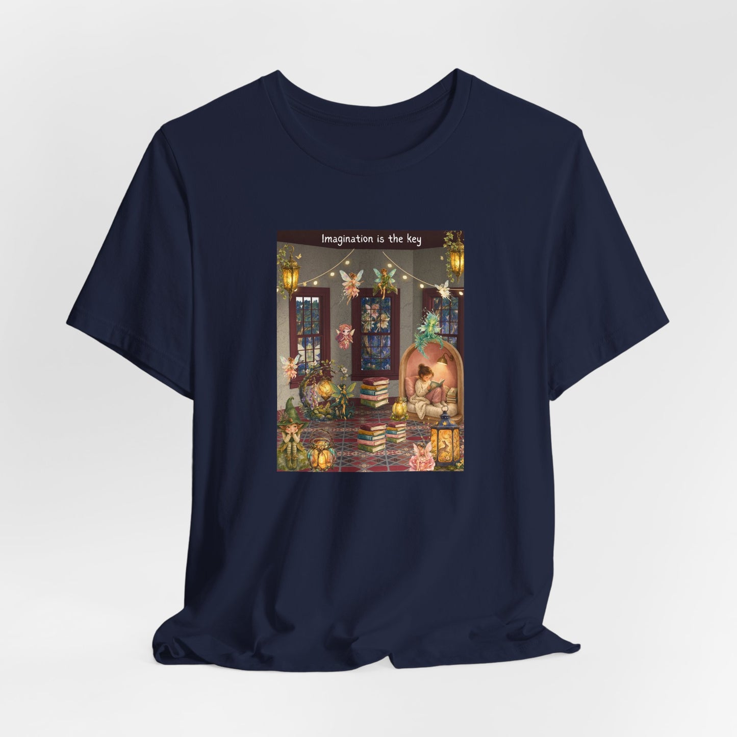 T-Shirt — Cozy Nighttime Reading Scene "Imagination is the Key"