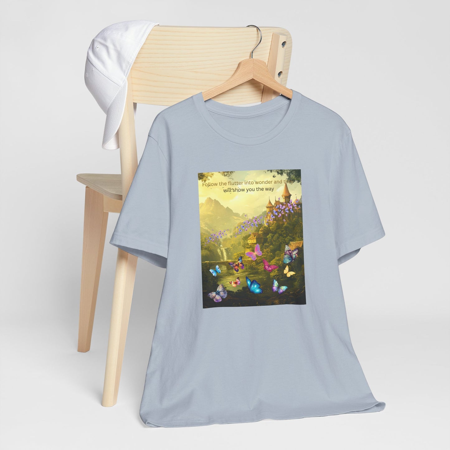 Inspirational Butterfly Landscape Tee — "Follow the Flower..." Nature Graphic T‑Shirt