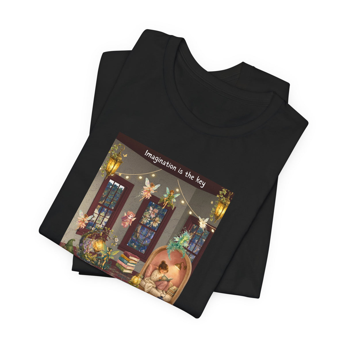 T-Shirt — Cozy Nighttime Reading Scene "Imagination is the Key"