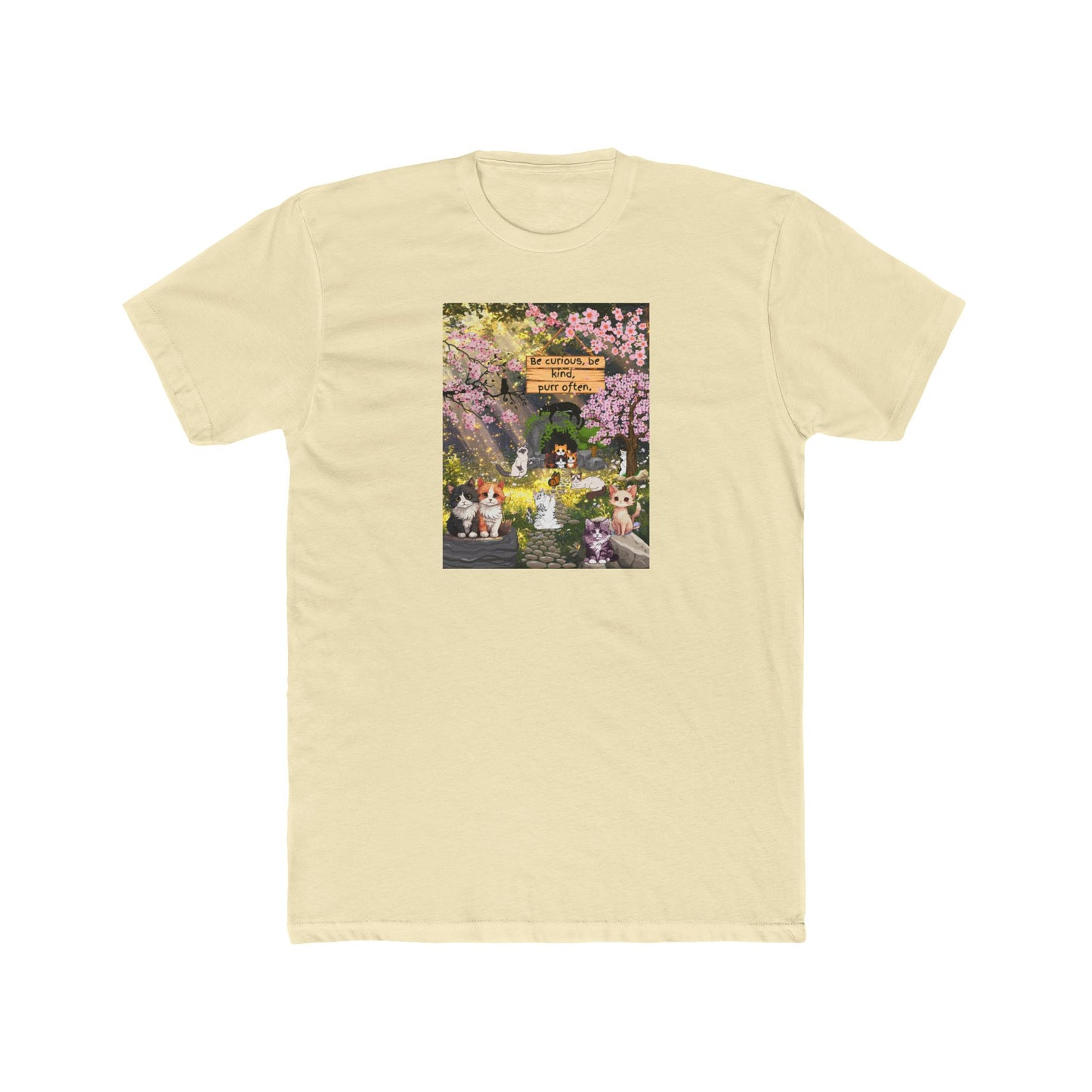 Cute Spring Garden Graphic Tee - "Welcome to Our Garden" Cartoon Cat & Cherry Blossoms