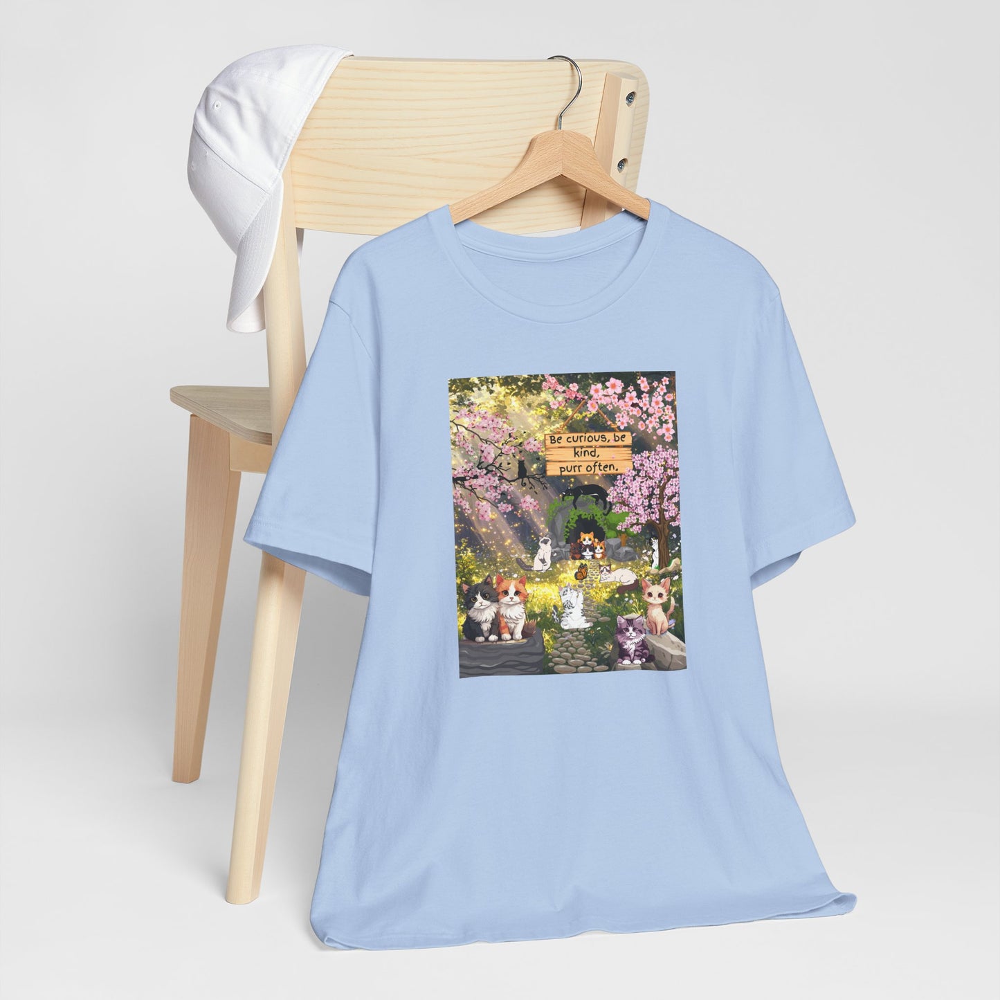 T-Shirt — Spring Dog Park Scene with 'Be Curious Not Critical' Quote