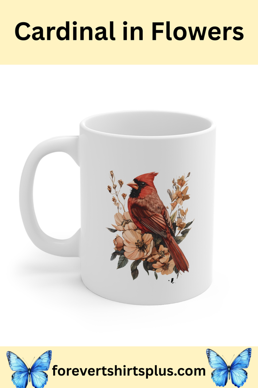 Cardinal Floral Mug — Botanical Red Bird Coffee Cup (11oz)